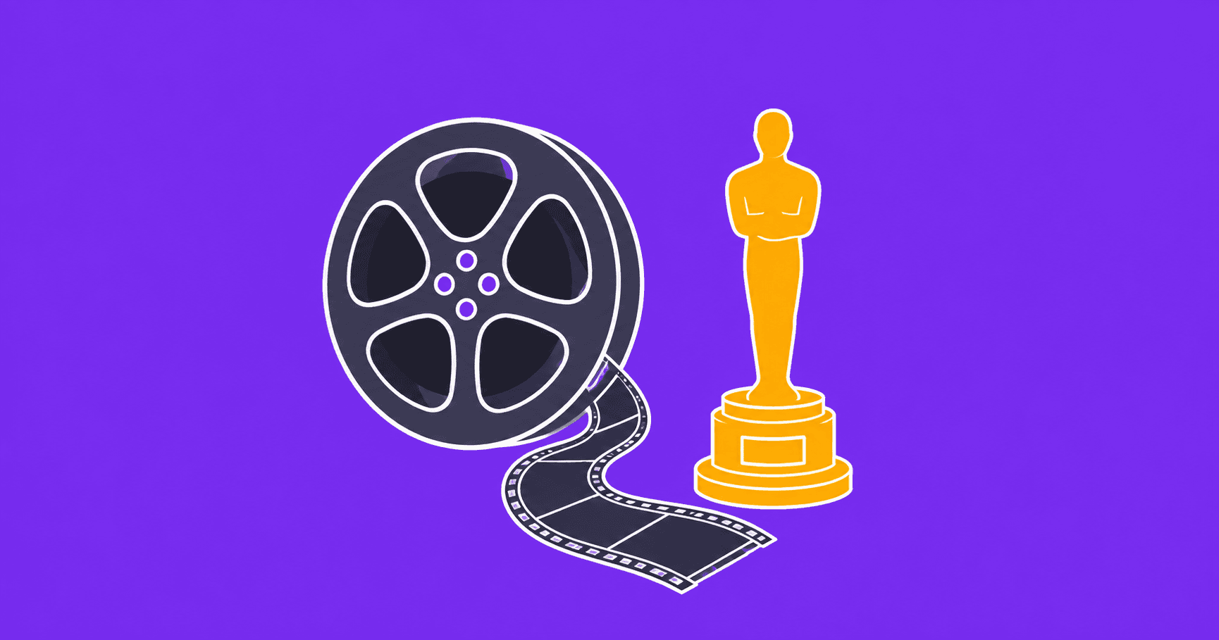 Flat illustrated graphic of a film reel and an award trophy  on a violet background, representing movie trivia and  cinema history